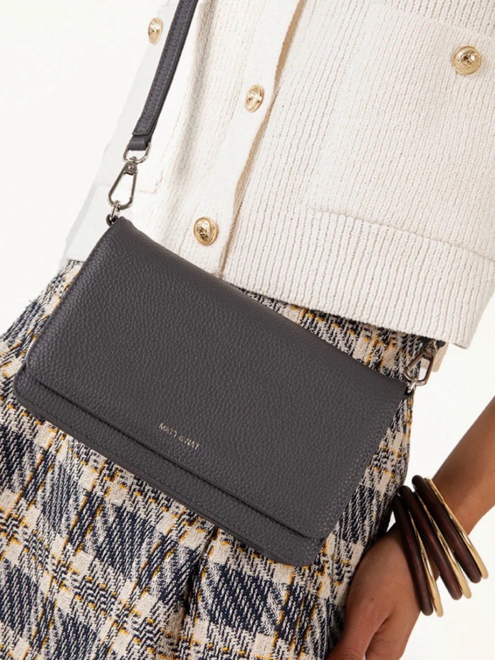 Pebbled Gray Leather Crossbody Bag with Flap